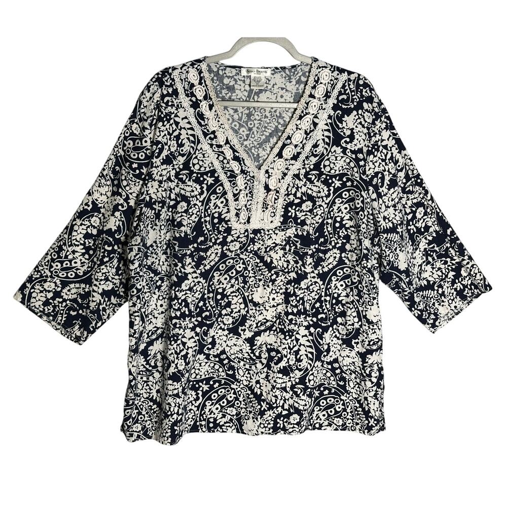 Susan Bristol Sz 2X Linen Blend 3/4 Sleeve Paisley Top Blouse Embroidered V-Neck